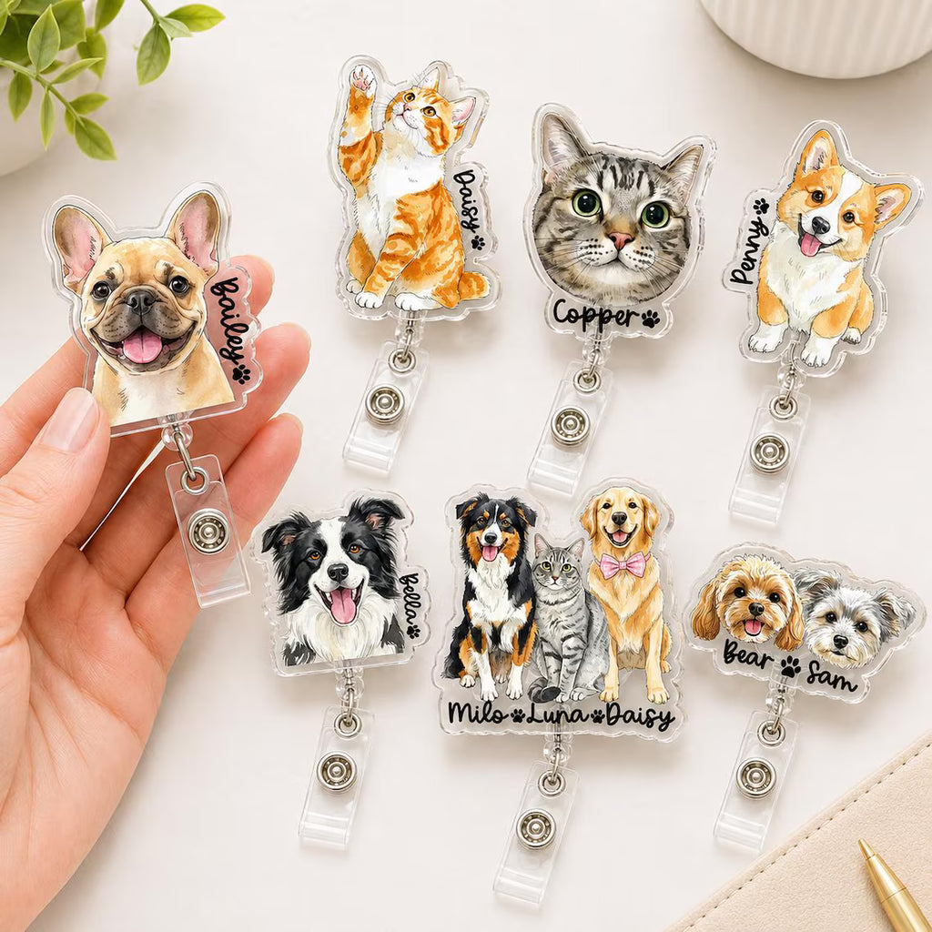 Personalized Striped Pet Portrait From Photo Badge Reel, Custom Dog Cat Photo Nurse ID Holder, Pet Lovers Gift, Nursing Badge Reel, Vet Badge Holder