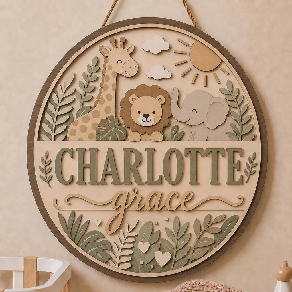 Personalized Nursery Name Sign, Wooden Baby Door Hanger, Safari Animals Wall Decor, Custom Jungle Nursery Decor,, Newborn Gift