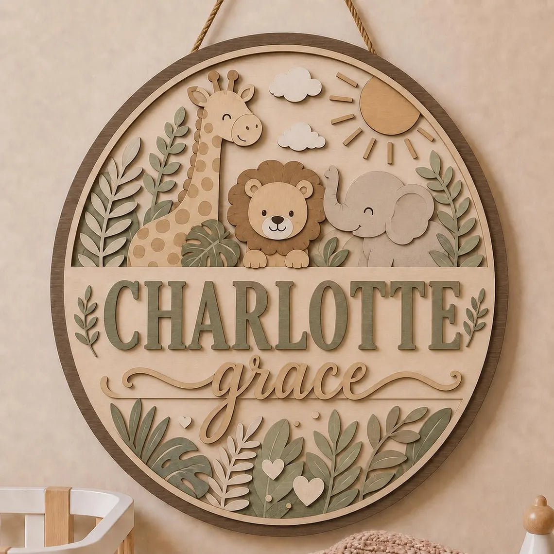 Personalized Nursery Name Sign, Wooden Baby Door Hanger, Safari Animals Wall Decor, Custom Jungle Nursery Decor,, Newborn Gift