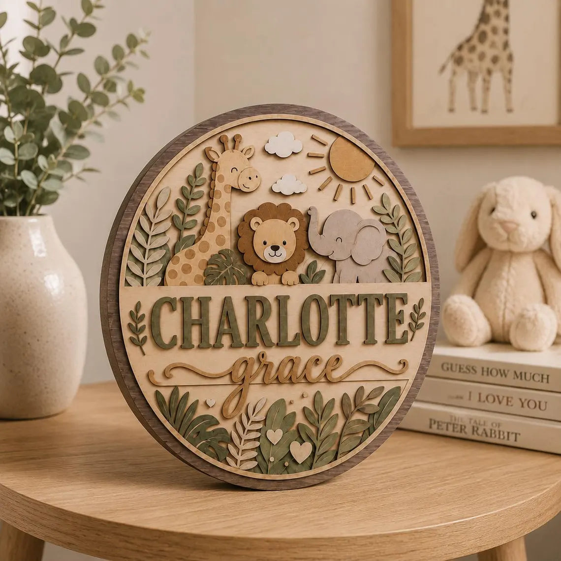 Personalized Nursery Name Sign, Wooden Baby Door Hanger, Safari Animals Wall Decor, Custom Jungle Nursery Decor,, Newborn Gift