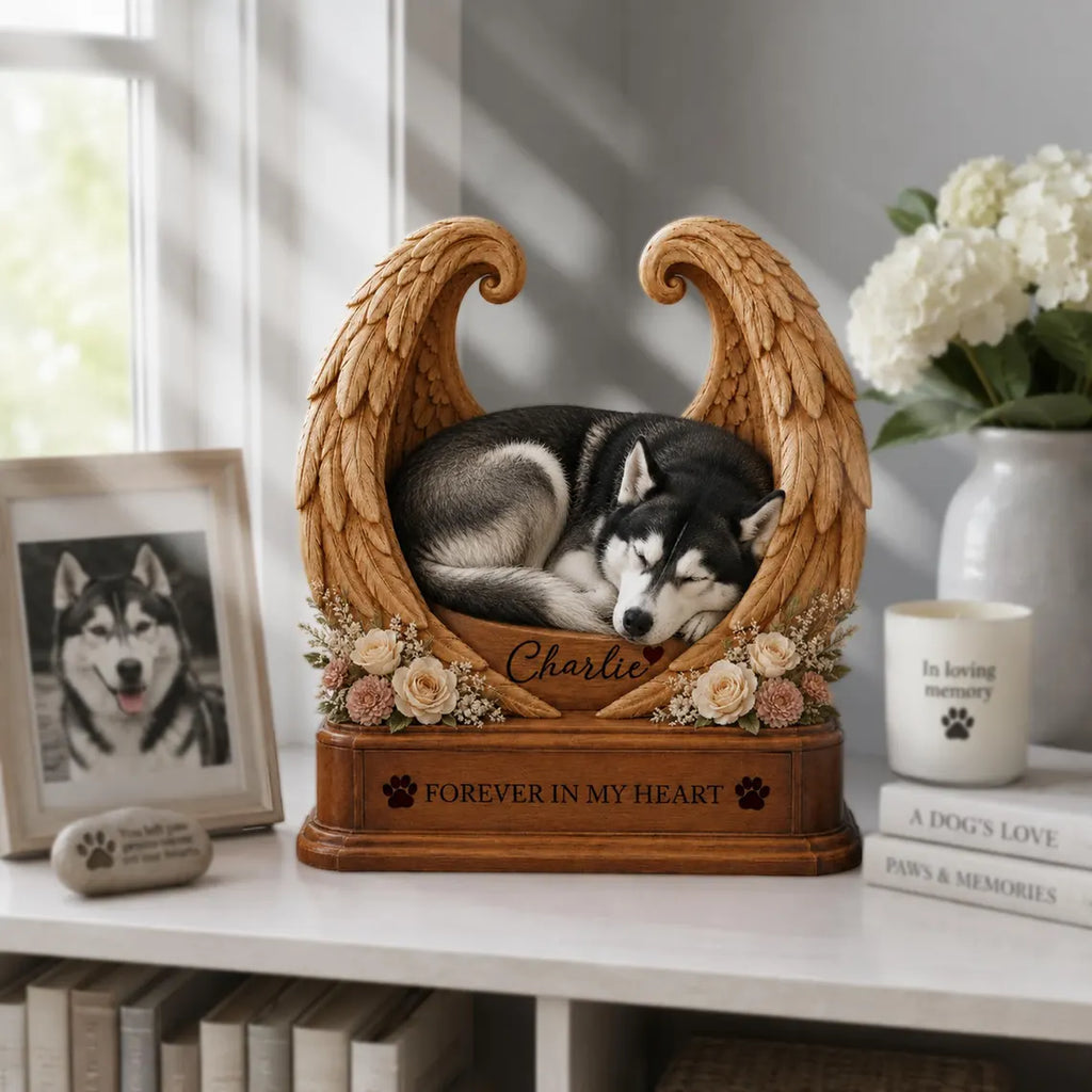 Personalized Pet Memorial Wooden Block with Angel Wings, Custom Dog Remembrance Gift, Forever in My Heart Pet Loss Keepsake, Sympathy Decor