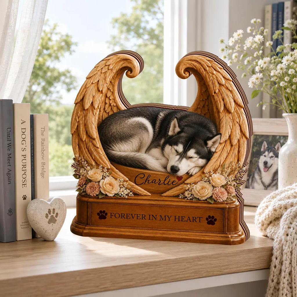 Personalized Pet Memorial Wooden Block with Angel Wings, Custom Dog Remembrance Gift, Forever in My Heart Pet Loss Keepsake, Sympathy Decor