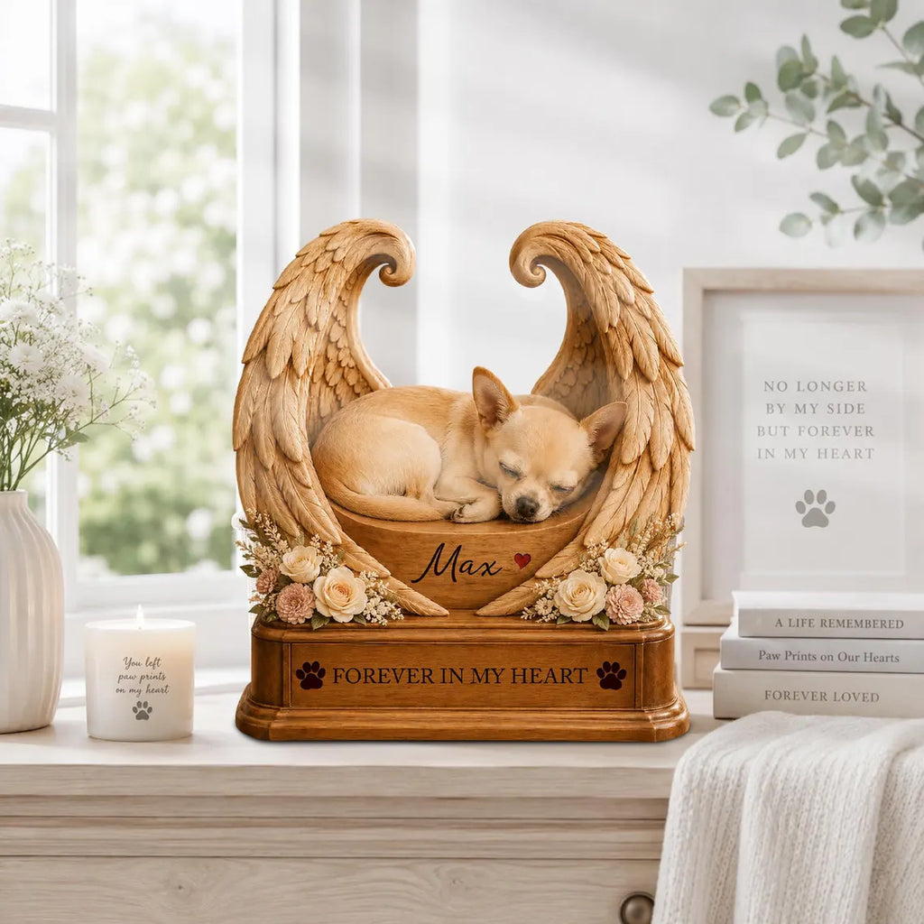 Personalized Pet Memorial Wooden Block with Angel Wings, Custom Dog Remembrance Gift, Forever in My Heart Pet Loss Keepsake, Sympathy Decor