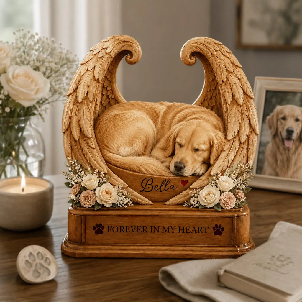 Personalized Pet Memorial Wooden Block with Angel Wings, Custom Dog Remembrance Gift, Forever in My Heart Pet Loss Keepsake, Sympathy Decor