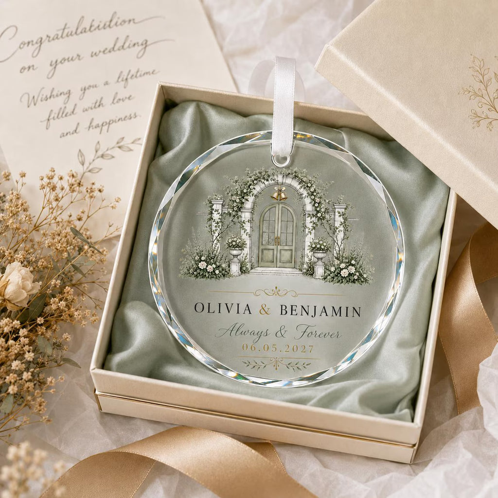 Personalized Wedding Crystal Ornament Custom Couple Names & Special Date Floral Arch Engagement Anniversary Keepsake Gift for Newlyweds