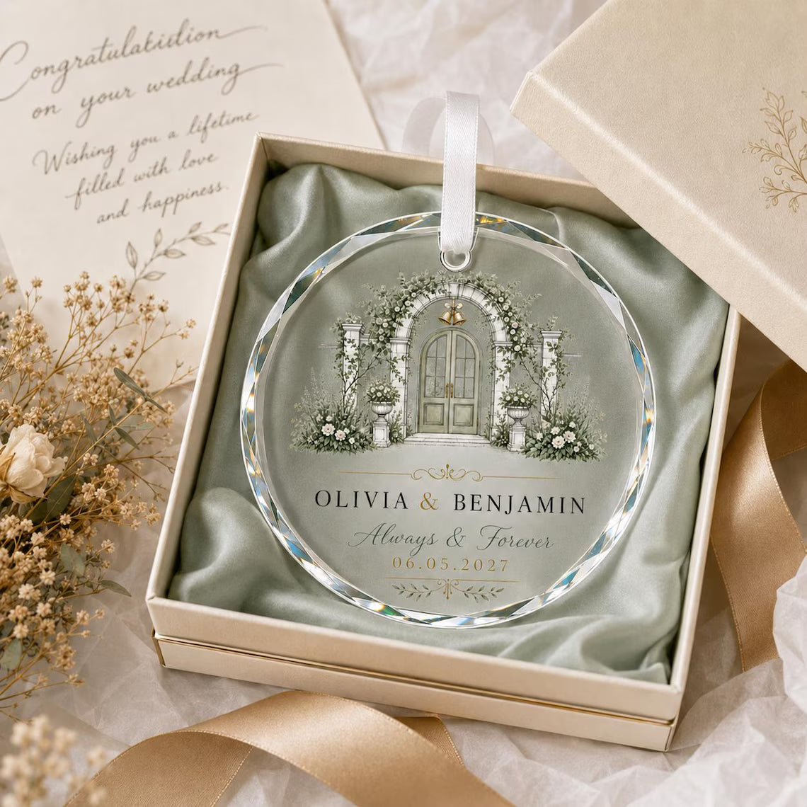 Personalized Wedding Crystal Ornament Custom Couple Names & Special Date Floral Arch Engagement Anniversary Keepsake Gift for Newlyweds