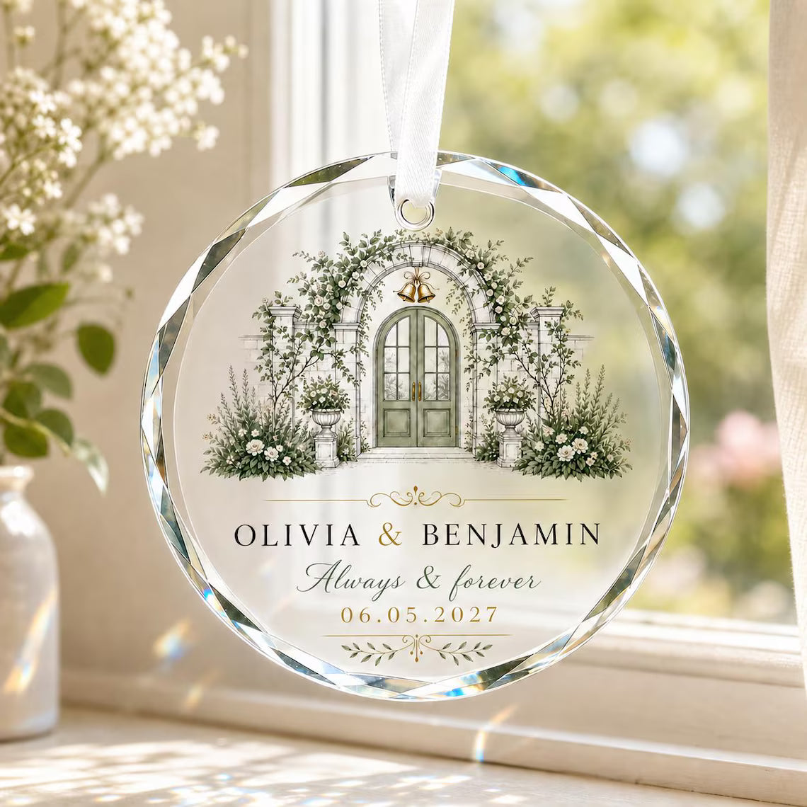 Personalized Wedding Crystal Ornament Custom Couple Names & Special Date Floral Arch Engagement Anniversary Keepsake Gift for Newlyweds