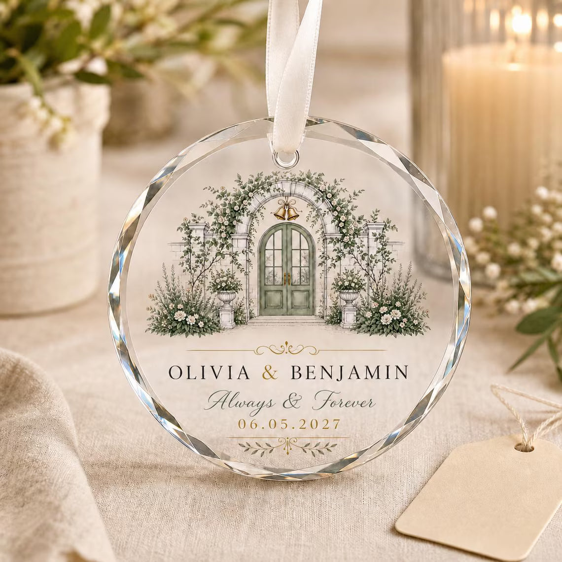 Personalized Wedding Crystal Ornament Custom Couple Names & Special Date Floral Arch Engagement Anniversary Keepsake Gift for Newlyweds