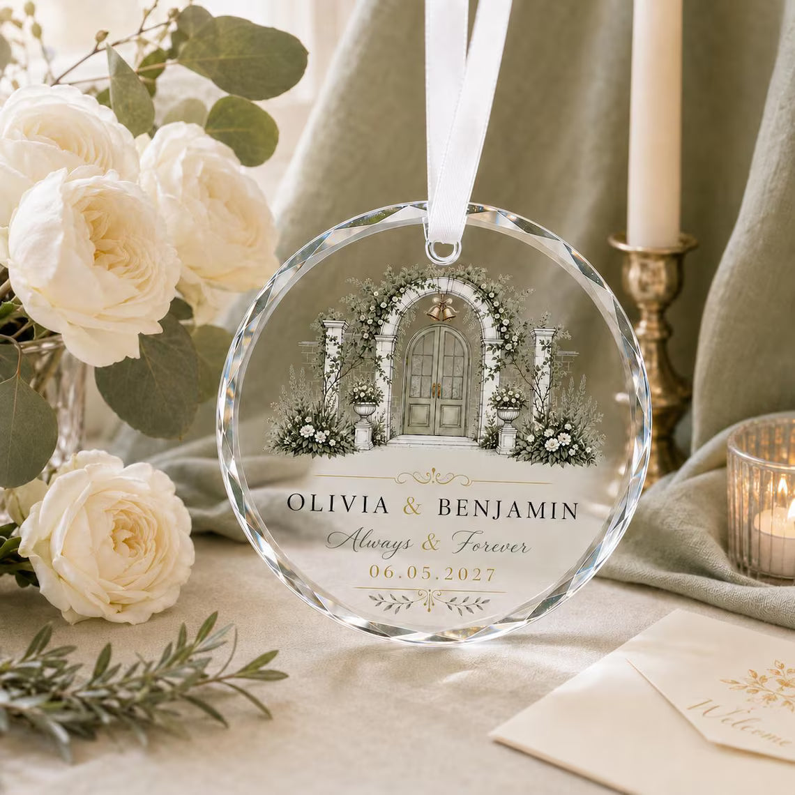 Personalized Wedding Crystal Ornament Custom Couple Names & Special Date Floral Arch Engagement Anniversary Keepsake Gift for Newlyweds