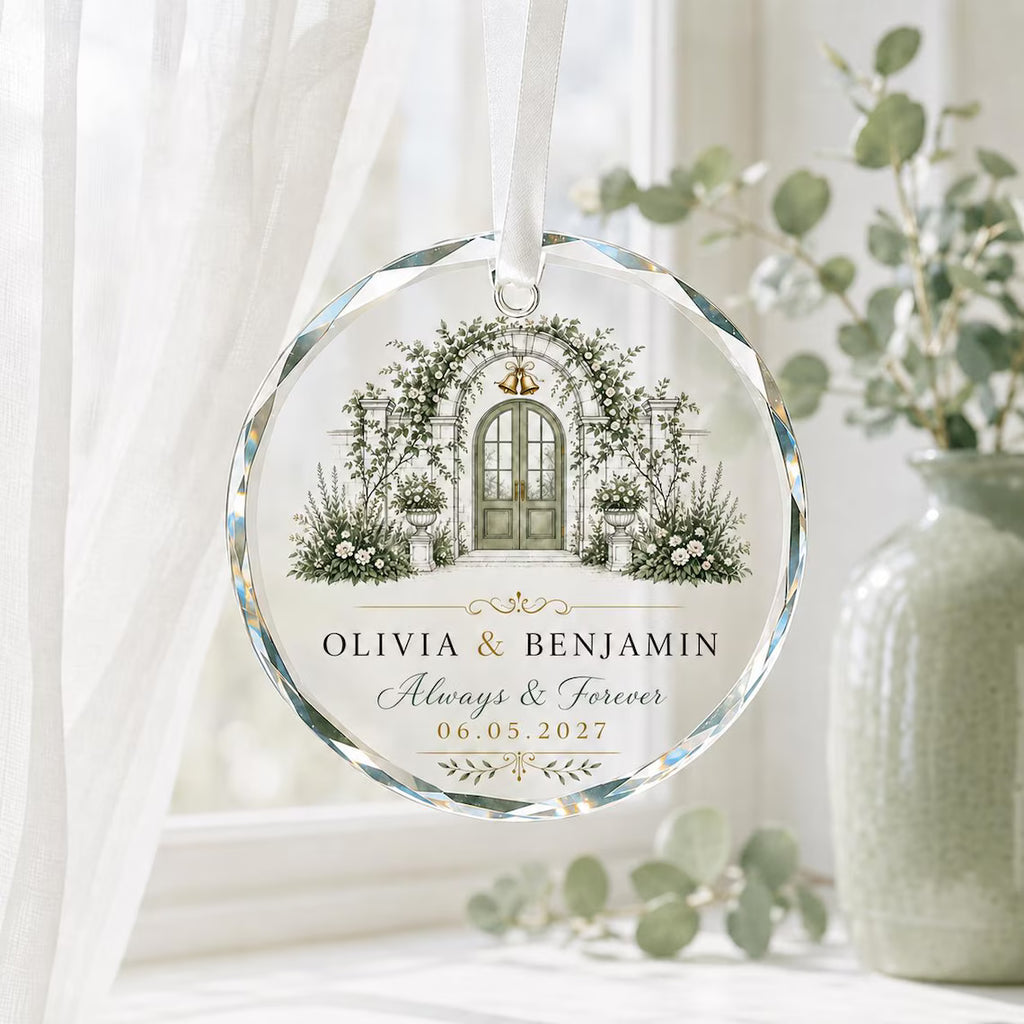 Personalized Wedding Crystal Ornament Custom Couple Names & Special Date Floral Arch Engagement Anniversary Keepsake Gift for Newlyweds