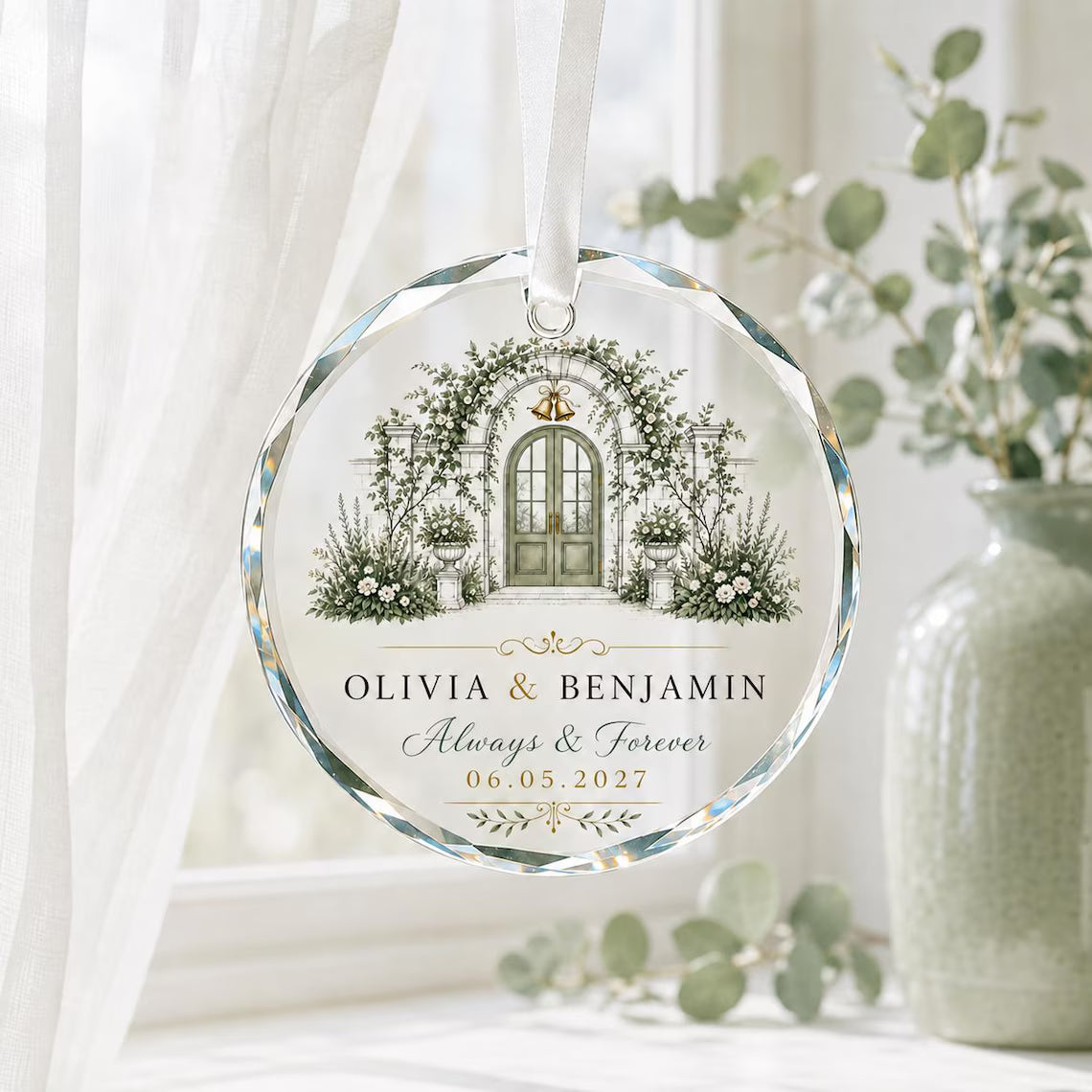 Personalized Wedding Crystal Ornament Custom Couple Names & Special Date Floral Arch Engagement Anniversary Keepsake Gift for Newlyweds