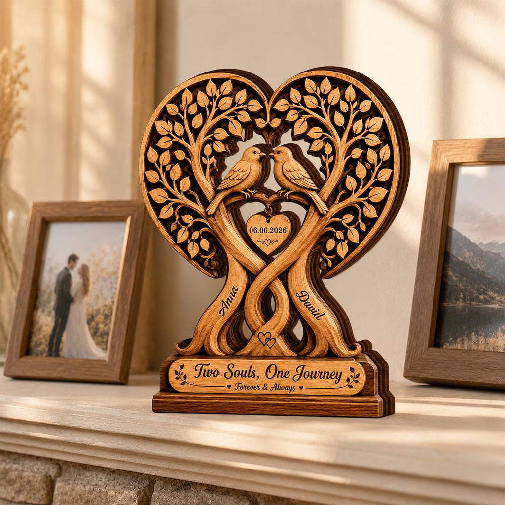 Personalized Couple Tree with Birds 2D Print Wooden Plaque, Custom Anniversary Gift, Wedding Decor