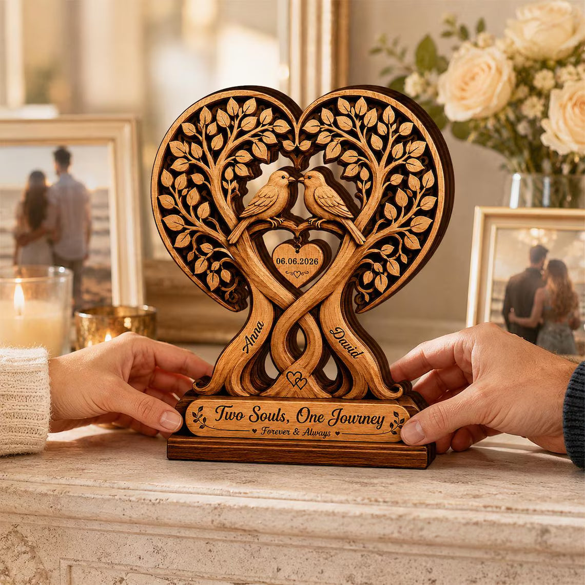 Personalized Couple Tree with Birds 2D Print Wooden Plaque, Custom Anniversary Gift, Wedding Decor