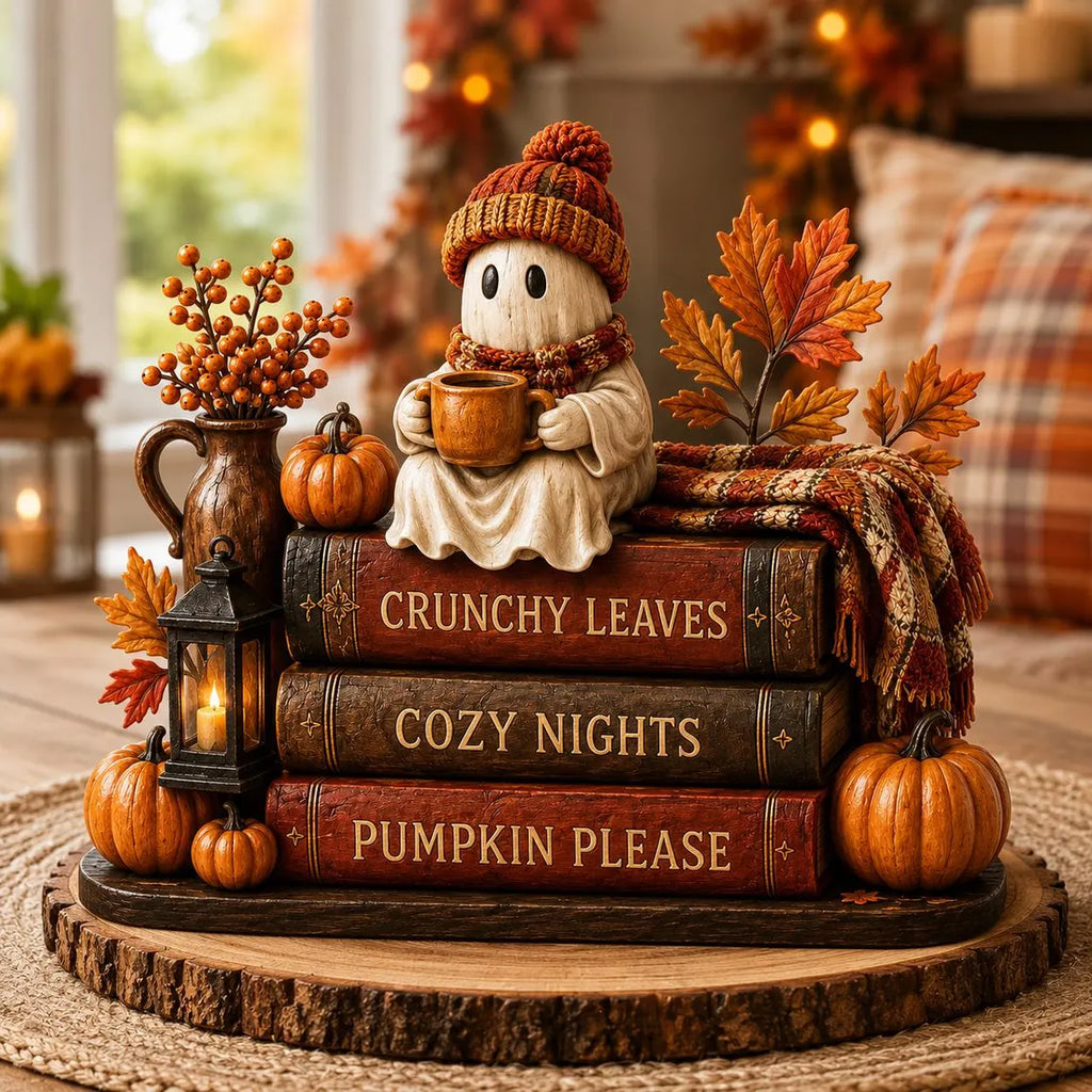 Ghost Coffee Fall Wooden block, Book Stack, Halloween BookShelf Decor