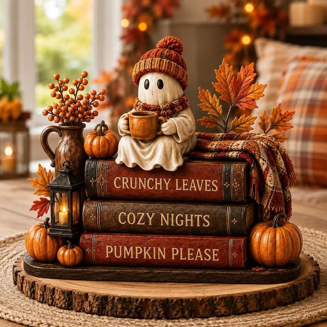 Ghost Coffee Fall Wooden block, Book Stack, Halloween BookShelf Decor