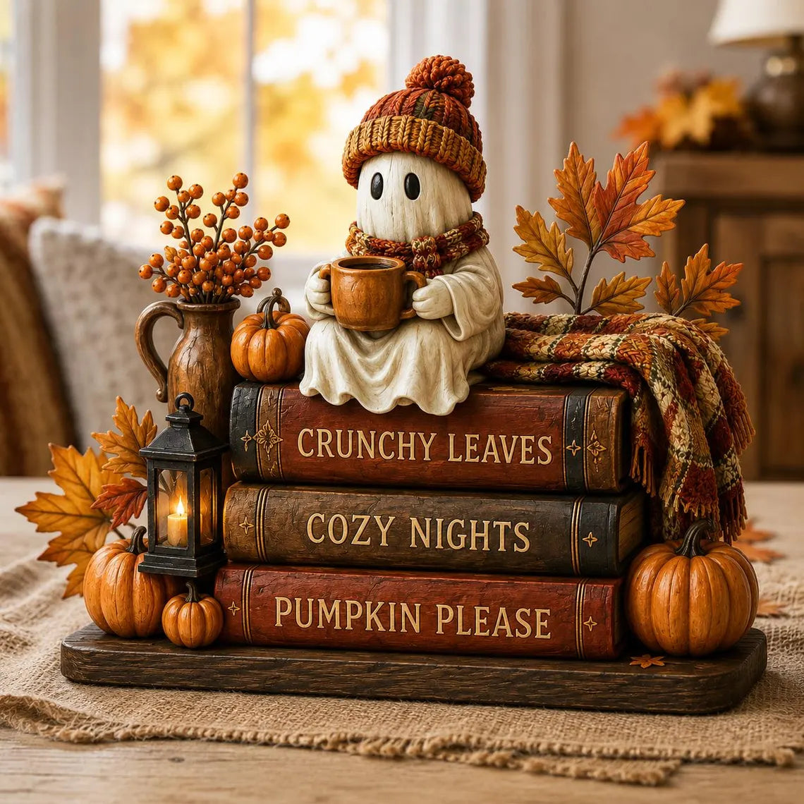 Ghost Coffee Fall Wooden block, Book Stack, Halloween BookShelf Decor