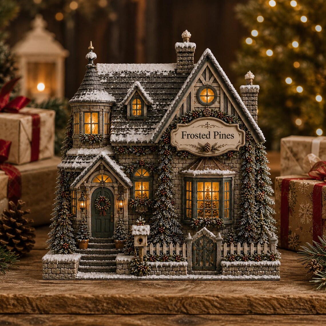 Custom Christmas House 2D FLAT Wooden Block Decor, Personalized Family Christmas Village Sign, Winter Cottage Shelf Decor, Holiday Gift