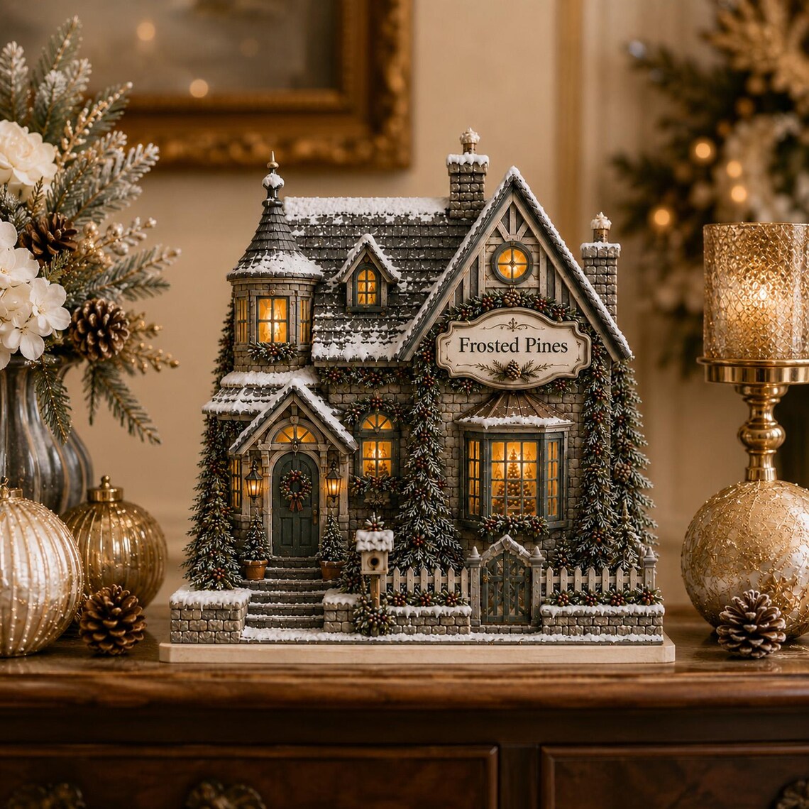 Custom Christmas House 2D FLAT Wooden Block Decor, Personalized Family Christmas Village Sign, Winter Cottage Shelf Decor, Holiday Gift