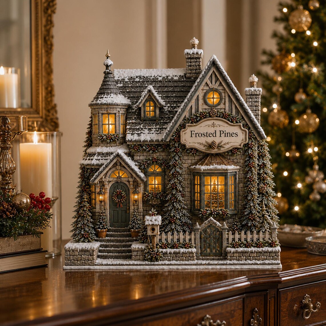 Custom Christmas House 2D FLAT Wooden Block Decor, Personalized Family Christmas Village Sign, Winter Cottage Shelf Decor, Holiday Gift