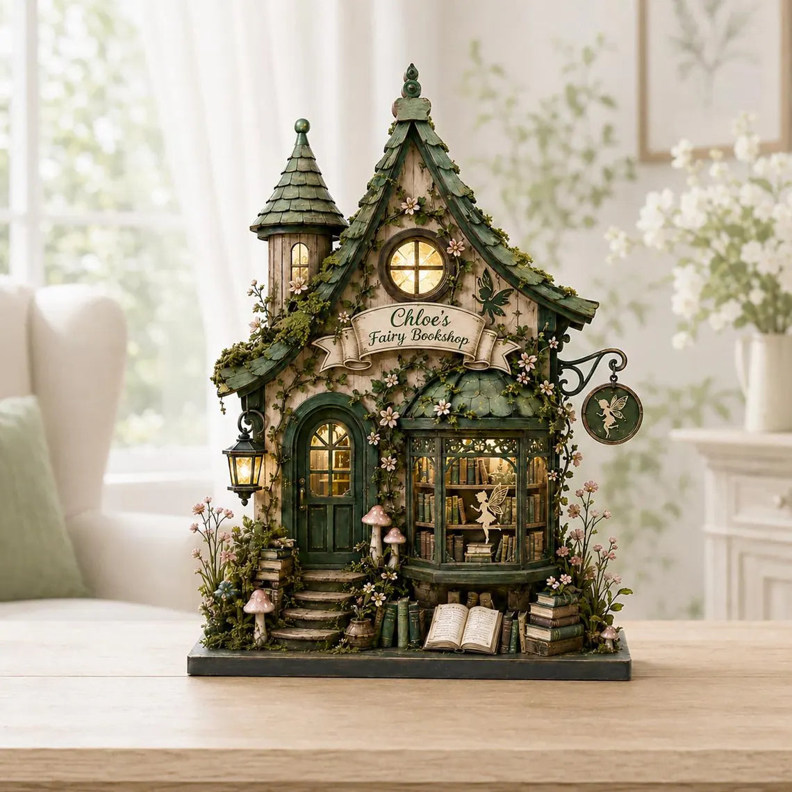 2D Print Personalized Fairy Bookshop Wooden Block, Enchanted Library Decor, Cottagecore Reader Gift, Custom Book Lover Shelf Sign