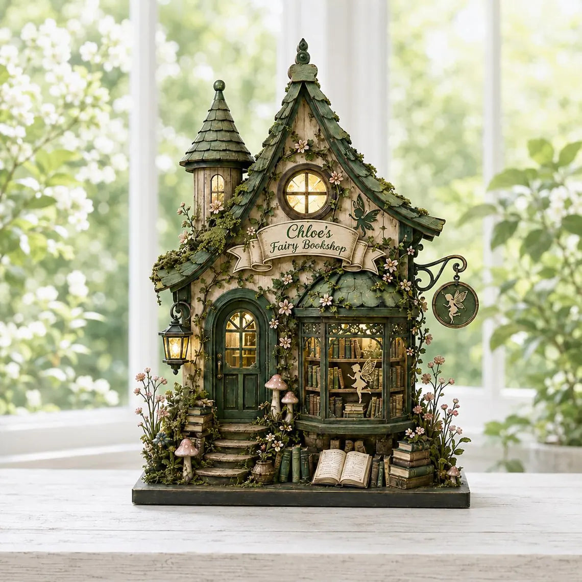 2D Print Personalized Fairy Bookshop Wooden Block, Enchanted Library Decor, Cottagecore Reader Gift, Custom Book Lover Shelf Sign