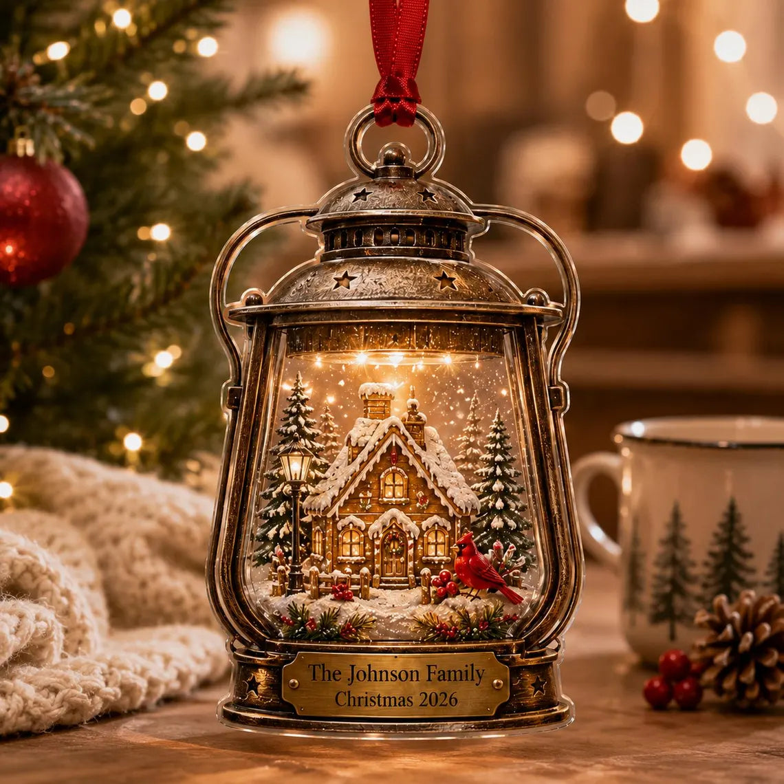 2D Flat Custom Vintage Lantern Ornament, Personalized Family Cabin Acrylic Bauble, Cardinal Snow Globe Keepsake