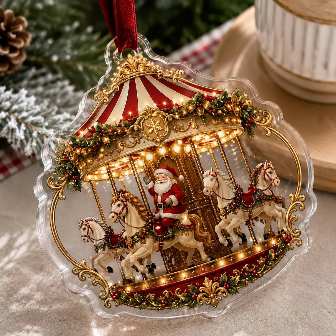 2D Flat Vintage Santa Carousel Acrylic Ornament, Merry Go Round Bauble, Classic Christmas Keepsake, Traditional Holiday Tree Decor