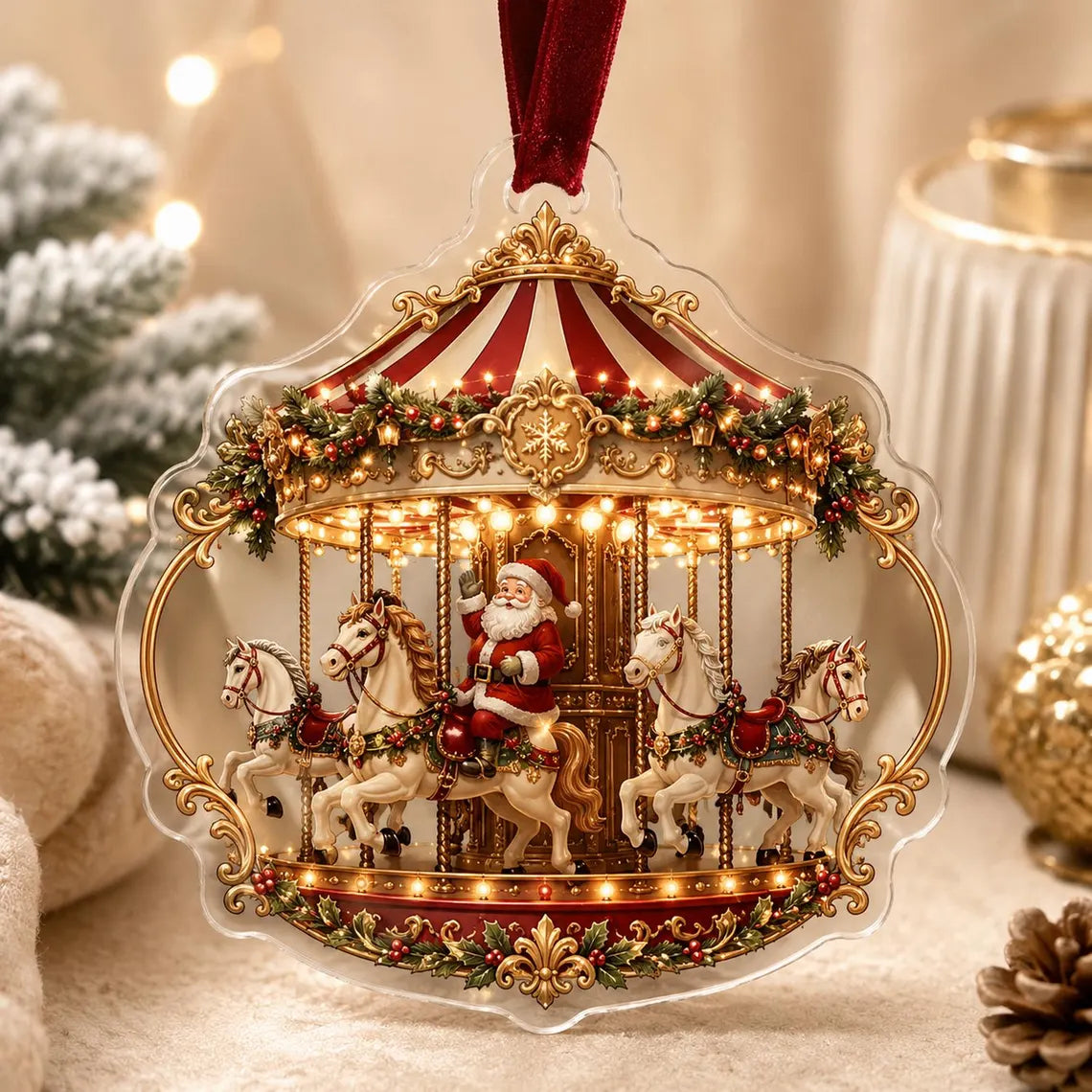 2D Flat Vintage Santa Carousel Acrylic Ornament, Merry Go Round Bauble, Classic Christmas Keepsake, Traditional Holiday Tree Decor
