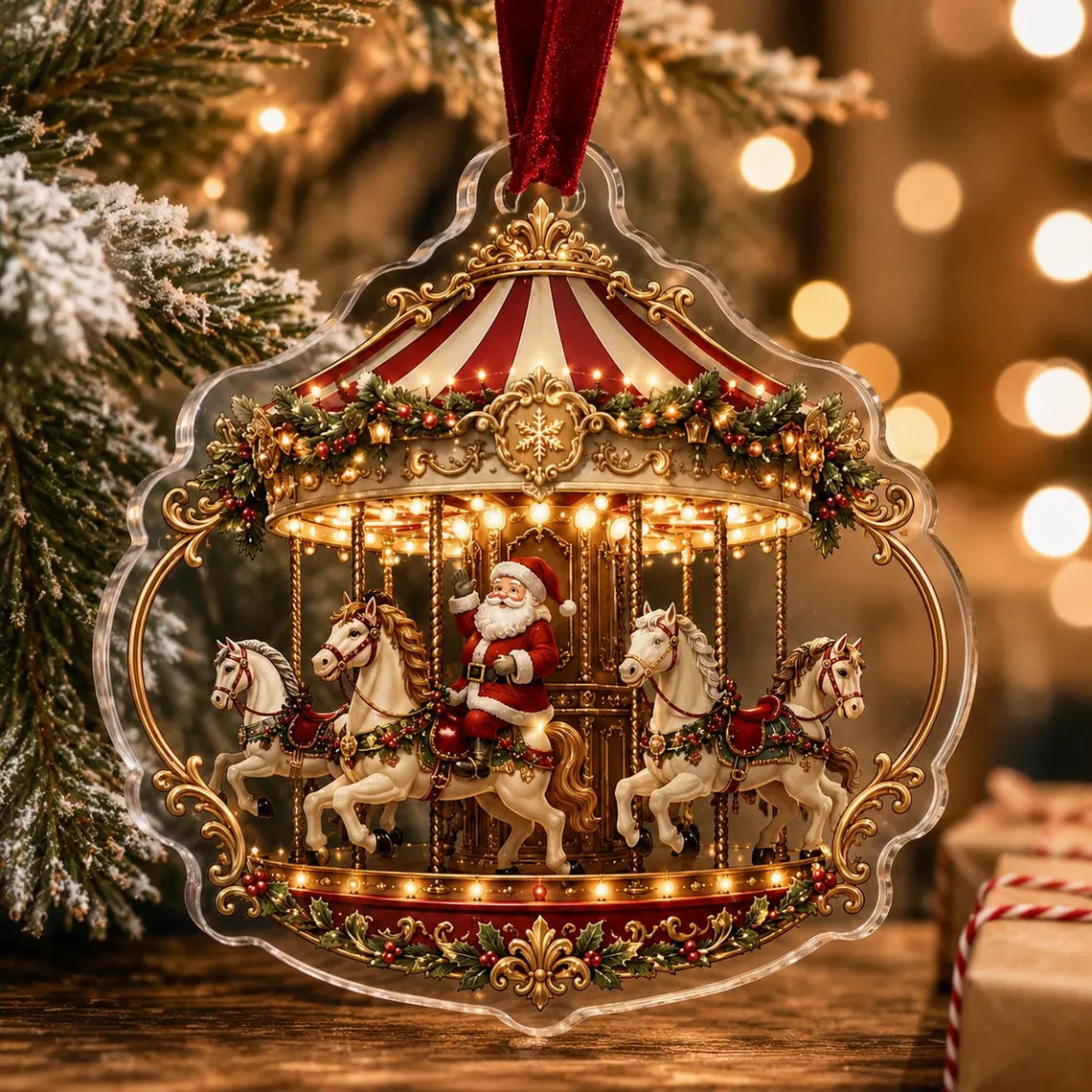 2D Flat Vintage Santa Carousel Acrylic Ornament, Merry Go Round Bauble, Classic Christmas Keepsake, Traditional Holiday Tree Decor