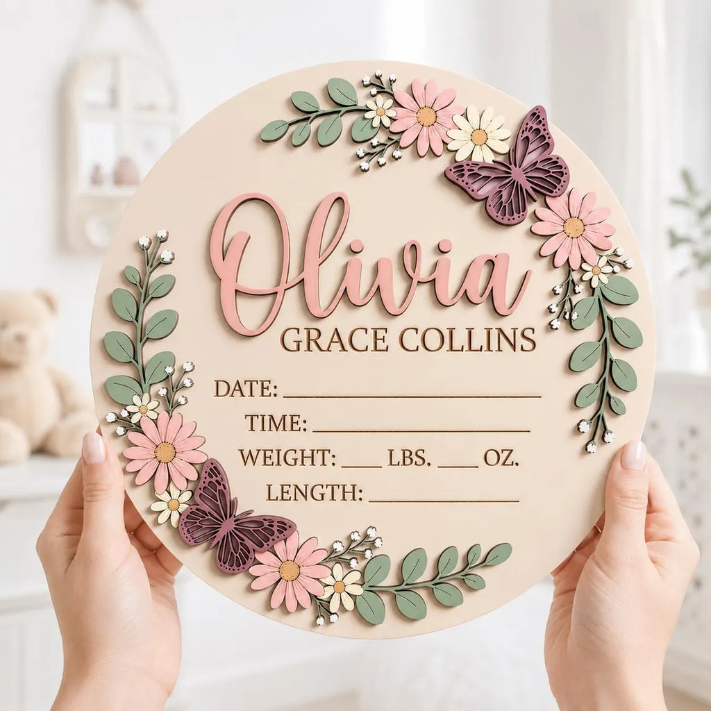 Personalized Floral Baby Announcement Sign, Custom Wooden Birth Stats Plaque, Butterfly Baby Girl Nursery Name Sign, Newborn Gift