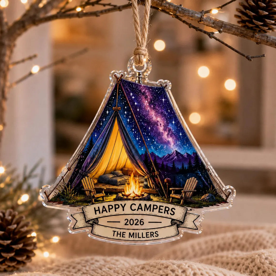 2D Flat Custom Camping Tent Acrylic Ornament, Personalized Happy Campers Bauble, RV Travel Keepsake, 2026 Family Mountain Decor