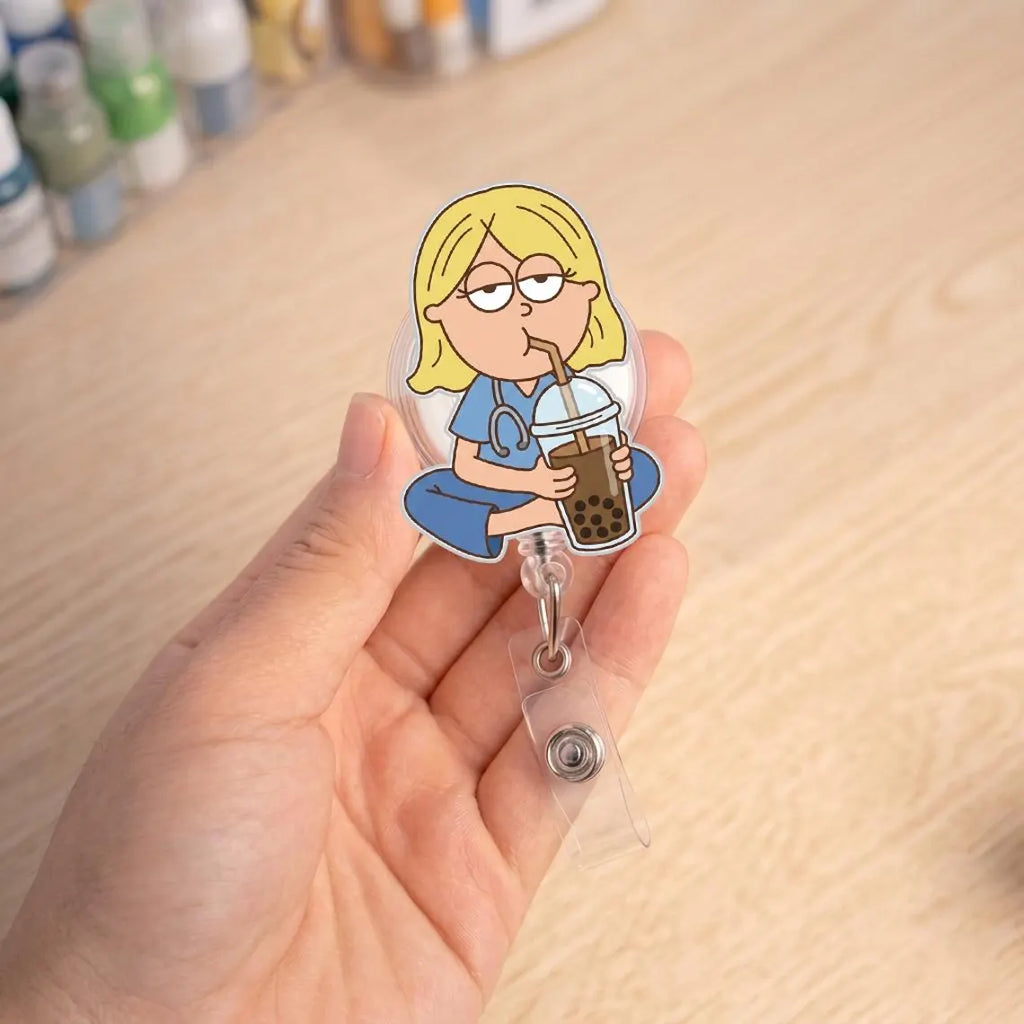 Lizzie Nurse Drinking Iced Coffee Badge Reel, Lizzie Nurse Badge Reel