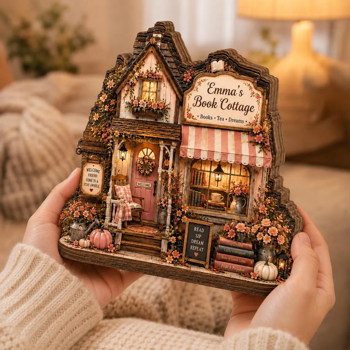 2D Print Custom Book Lover Cottage Shelf Sitter, Personalized 2D Flat Wooden Block, Cozy Reading House Decor, Gift for Reader Teacher