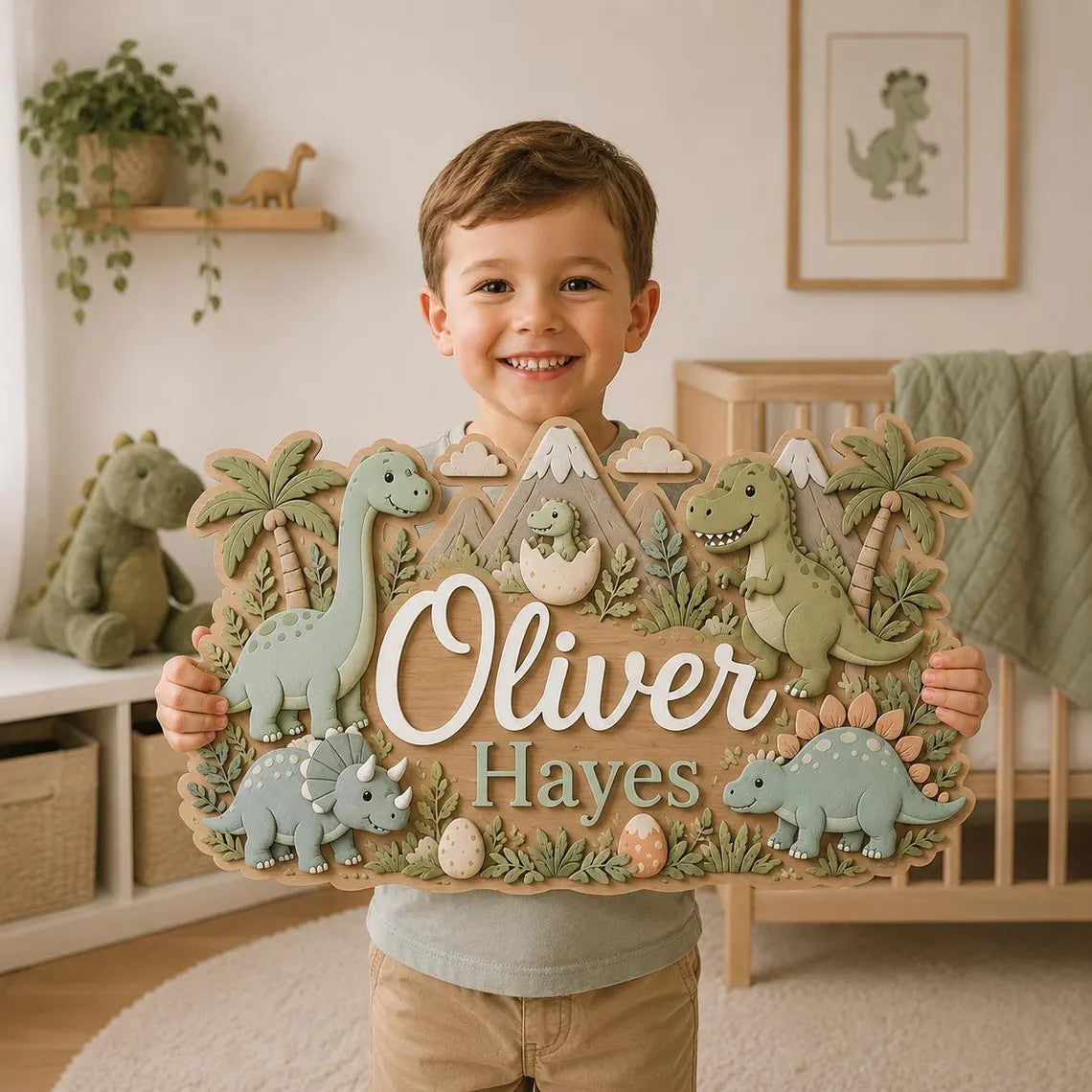 Personalized Dinosaur Wooden Name Sign, Custom Baby Boy Nursery Wall Decor, Dino Name Plaque, Jurassic Room Sign, Baby Shower Gift