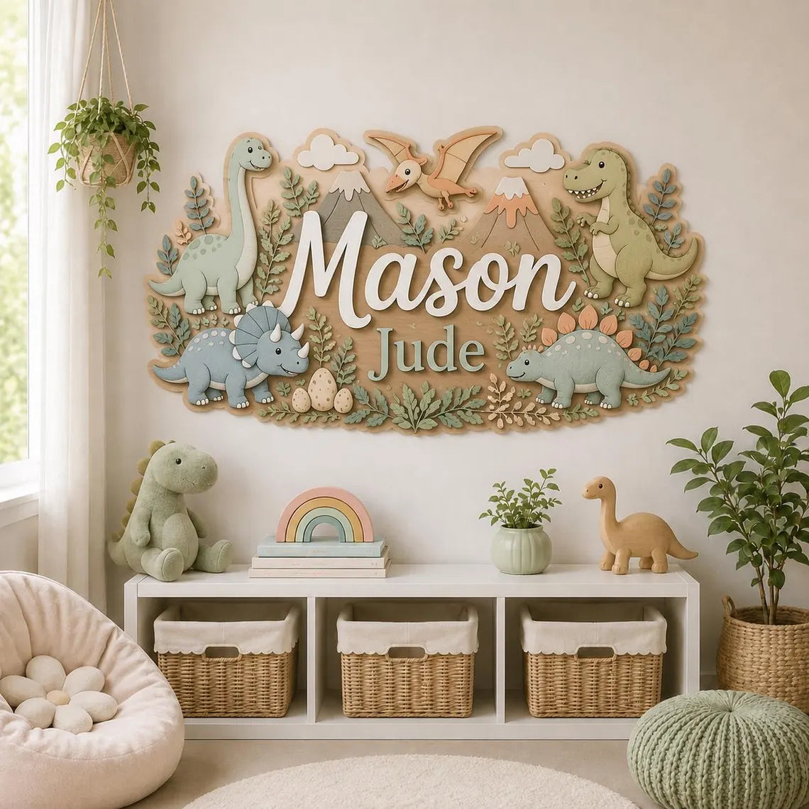 Personalized Dinosaur Wooden Name Sign, Custom Baby Boy Nursery Wall Decor, Dino Name Plaque, Jurassic Room Sign, Baby Shower Gift