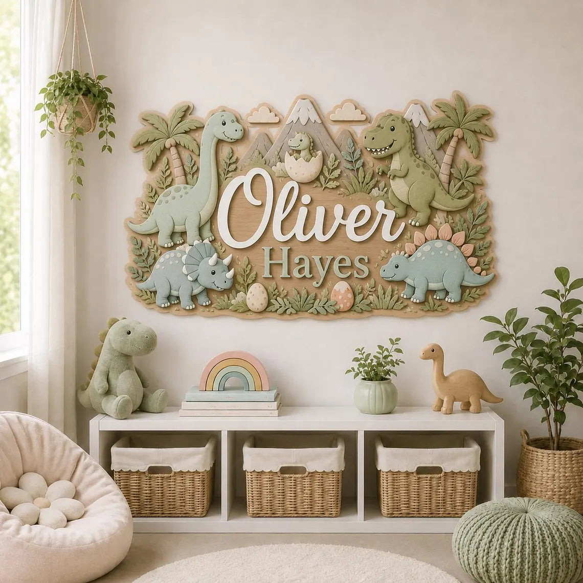 Personalized Dinosaur Wooden Name Sign, Custom Baby Boy Nursery Wall Decor, Dino Name Plaque, Jurassic Room Sign, Baby Shower Gift