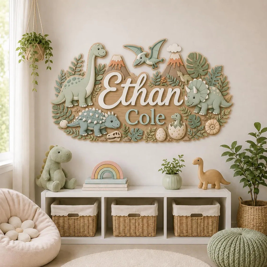 Personalized Dinosaur Wooden Name Sign, Custom Baby Boy Nursery Wall Decor, Dino Name Plaque, Jurassic Room Sign, Baby Shower Gift
