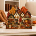 2D Print Fall Harvest Village Wooden Block Decor, Autumn Shelf Sitter, Pumpkin Market Decor, Rustic Farmhouse Fall Decoration