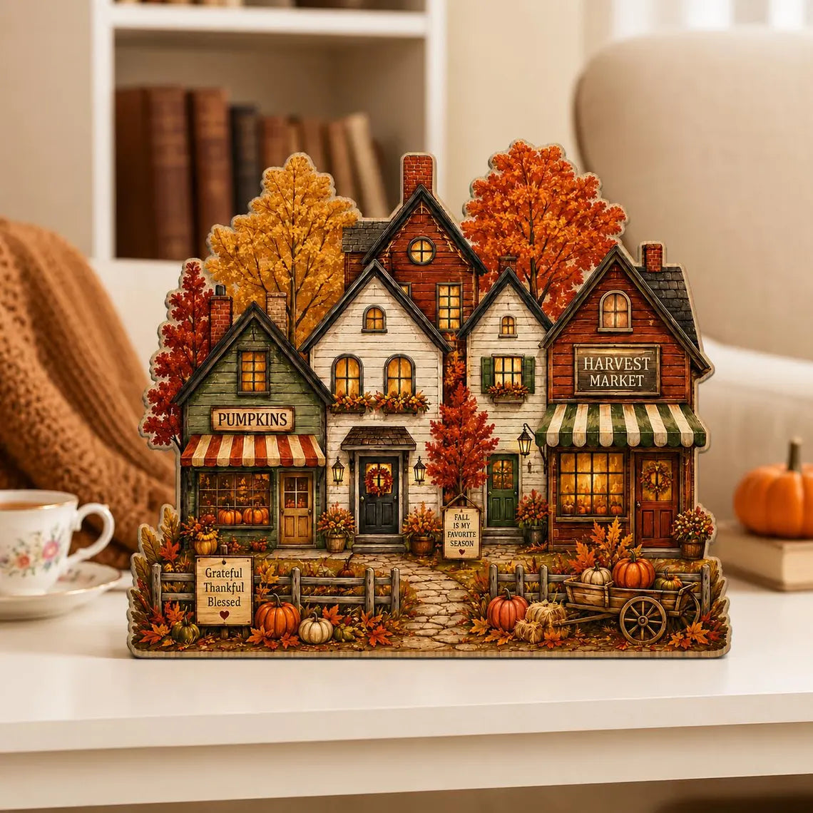 2D Print Fall Harvest Village Wooden Block Decor, Autumn Shelf Sitter, Pumpkin Market Decor, Rustic Farmhouse Fall Decoration
