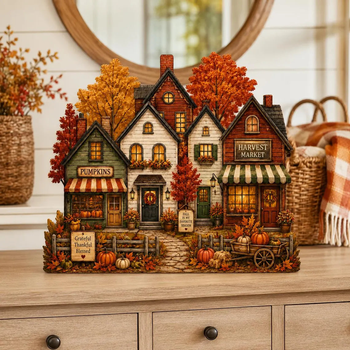 2D Print Fall Harvest Village Wooden Block Decor, Autumn Shelf Sitter, Pumpkin Market Decor, Rustic Farmhouse Fall Decoration