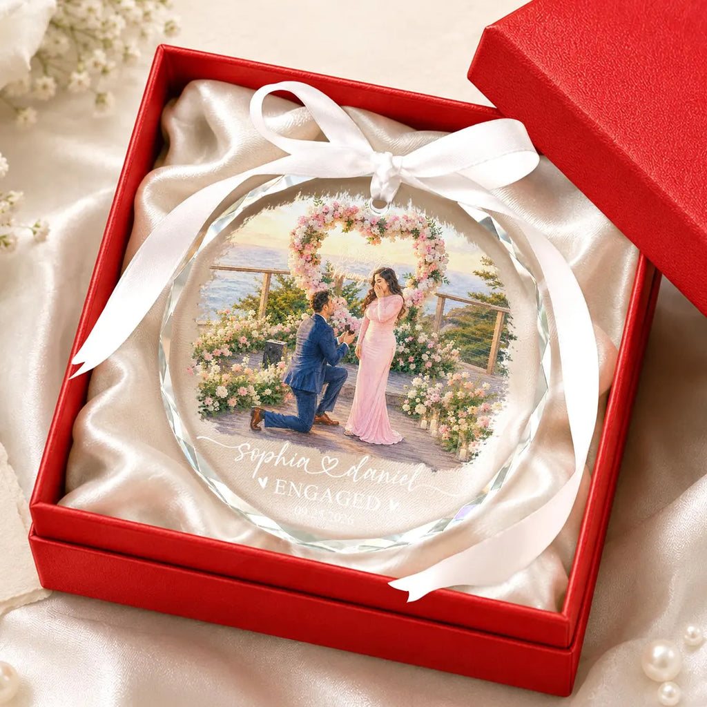 Custom Engagement Photo Ornament: First Christmas Engaged 2026 Glass Ornament, Watercolor Picture Couple Keepsake, Wedding Gifts