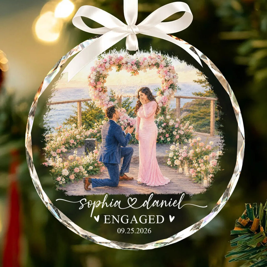 Custom Engagement Photo Ornament: First Christmas Engaged 2026 Glass Ornament, Watercolor Picture Couple Keepsake, Wedding Gifts