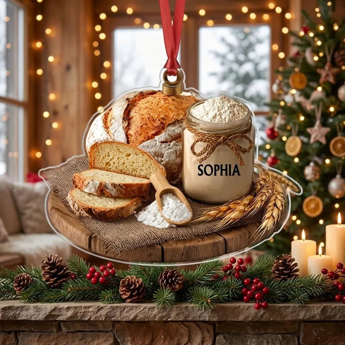 Custom Sourdough Starter Ornament, Personalized Bread Baker Gift, Sourdough Bread Loaf Keepsake,Foodie Christmas Decor, Kitchen Holiday Gift