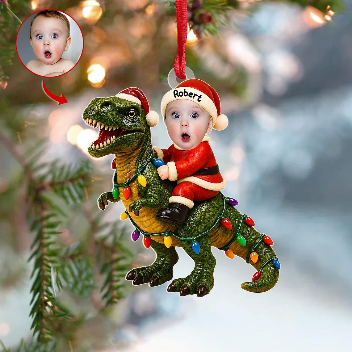 2D Flat Baby Santa Riding Dinosaur - Personalized Baby Santa Dinosaur Christmas Ornament – Photo Keepsake Decor,Kids Room, Christmas Gift Idea
