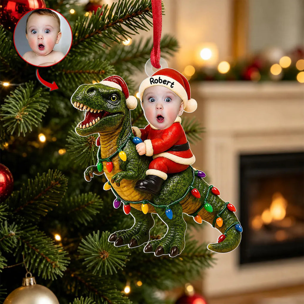 2D Flat Baby Santa Riding Dinosaur - Personalized Baby Santa Dinosaur Christmas Ornament – Photo Keepsake Decor,Kids Room, Christmas Gift Idea