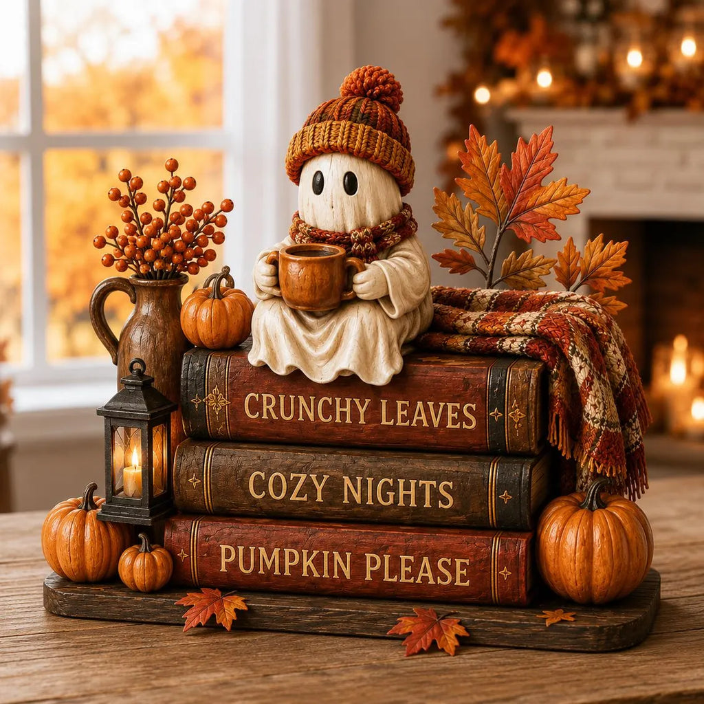 Ghost Coffee Fall Wooden block, Book Stack, Halloween BookShelf Decor