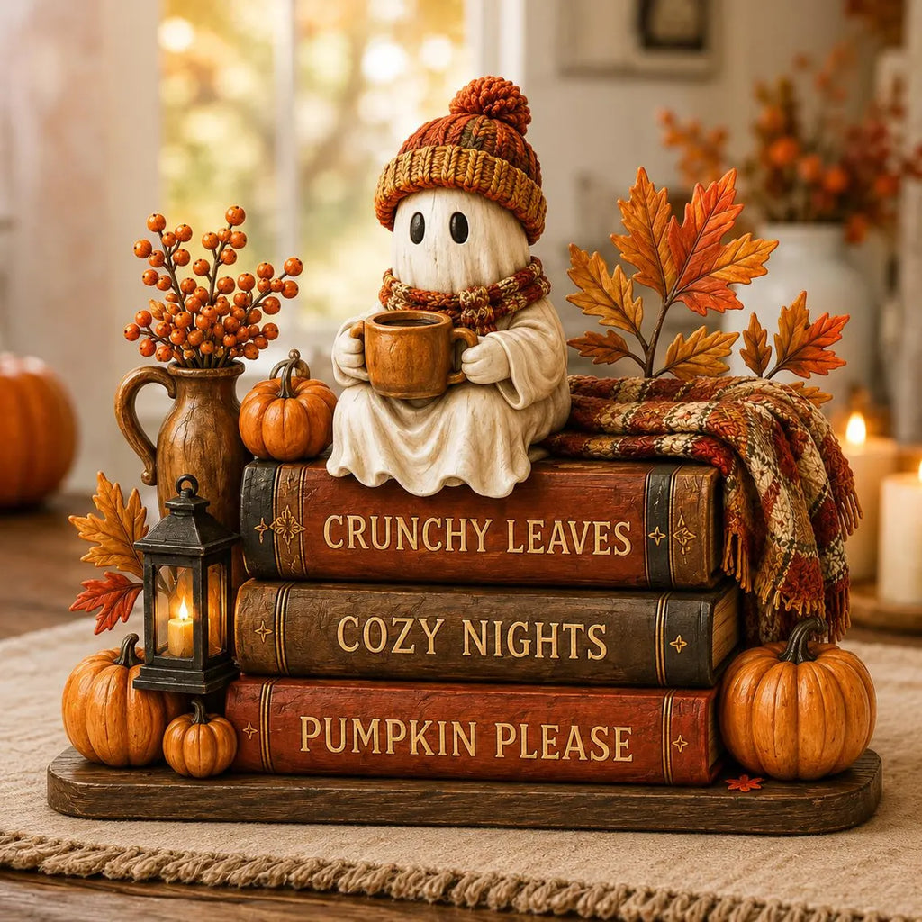 Ghost Coffee Fall Wooden block, Book Stack, Halloween BookShelf Decor