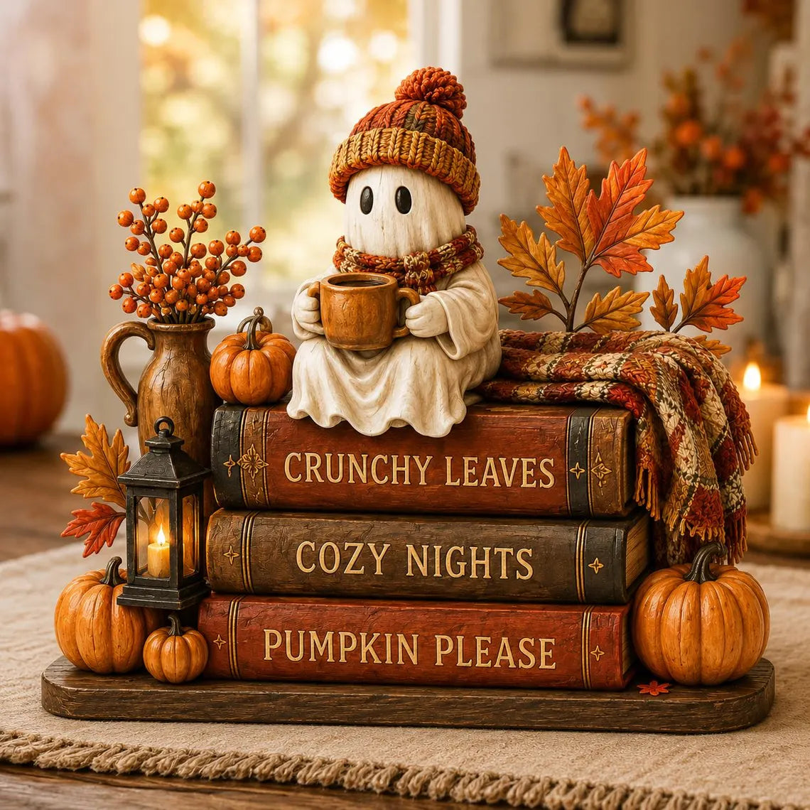 Ghost Coffee Fall Wooden block, Book Stack, Halloween BookShelf Decor