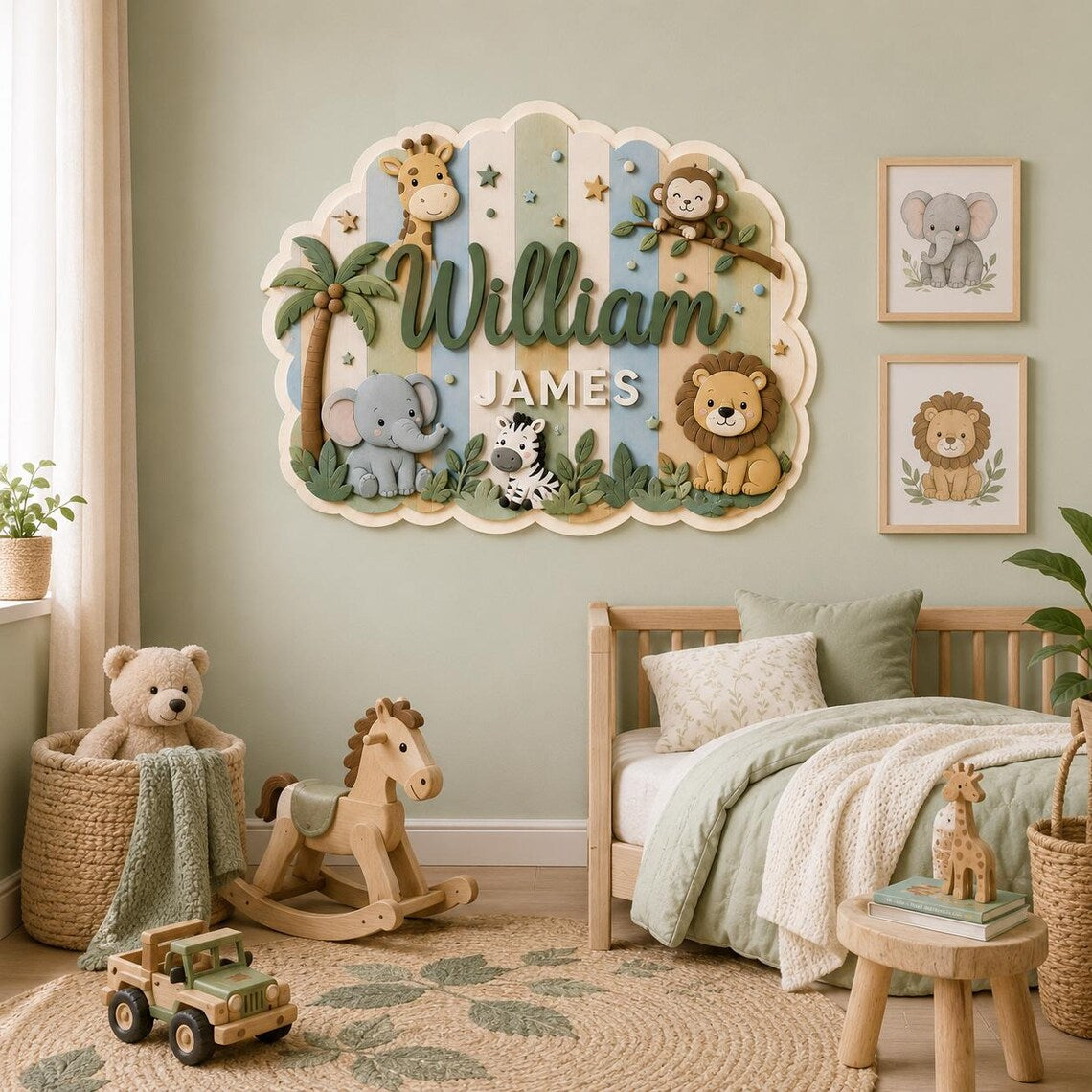Personalized Safari Wooden Name Sign, Custom Jungle Animal Nursery Wall Decor, Baby Boy Name Plaque, Woodland Kids Room Sign, Baby Shower