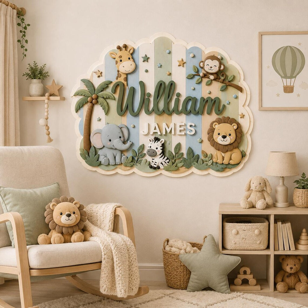 Personalized Safari Wooden Name Sign, Custom Jungle Animal Nursery Wall Decor, Baby Boy Name Plaque, Woodland Kids Room Sign, Baby Shower